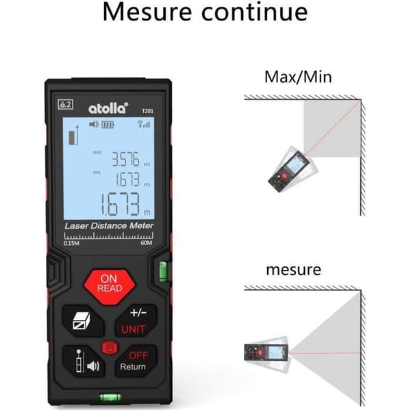 Digital Laser Distance Meter - Atolla - 60M - Bakgrundsbelyst LCD-skärm - IP54 - Automatisk kalibrering