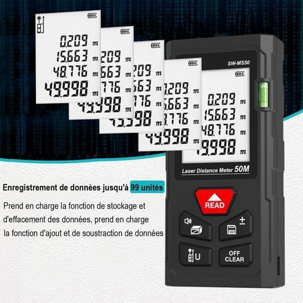 Lasermätare, digital laseravståndsmätare - 50M - Bubblenivåer - Lagra 99 datamängder - Mät längder, volymer och Pythagoras