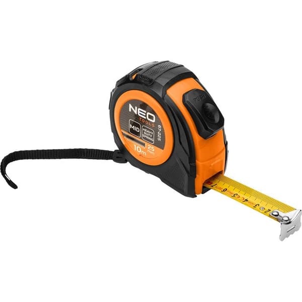 Stål måttband 10 m x 25 mm, automatisk låsning, två stoppknappar