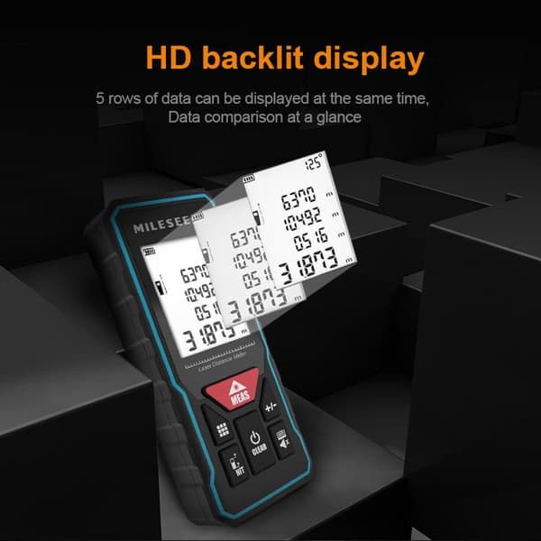 100m räckvidd 2mm precision laddningsbar multifunktionell digital laseravståndsmätare, stor LCD-skärm, 20 grupper historiskt minne