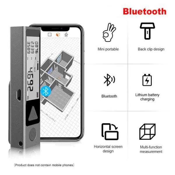 40m räckvidd uppladdningsbar multifunktionell digital avståndsmätare, med bluetooth och klipp, stöder APP-anslutning