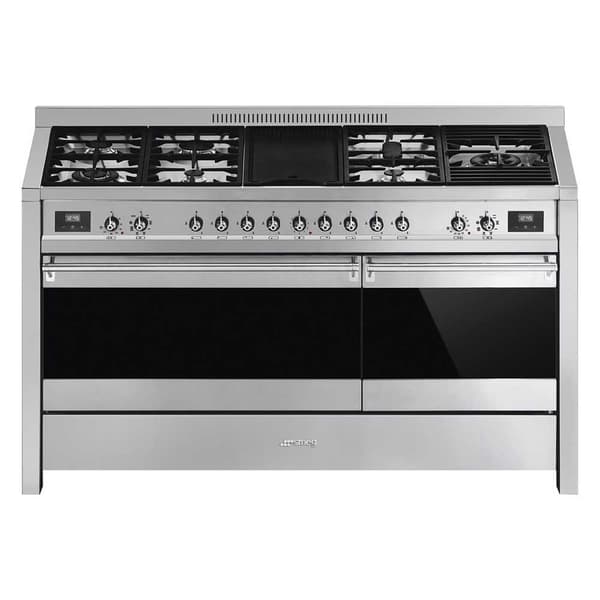 Smeg Opera 150x60 Cm Gaskök Med 2 Ugnar 7 Brännare Svart, Rostfritt stål