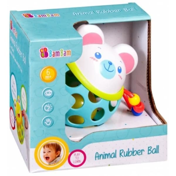 Babyleksak "BJÖRN" rattlande i gummi och plast med en boll inuti fylld med små kulor från märket "BAM BAM"