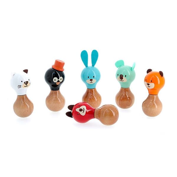 Rattle i trä "Boizoos" - Lucien hunden - Röd - D 6 x H 13 cm
