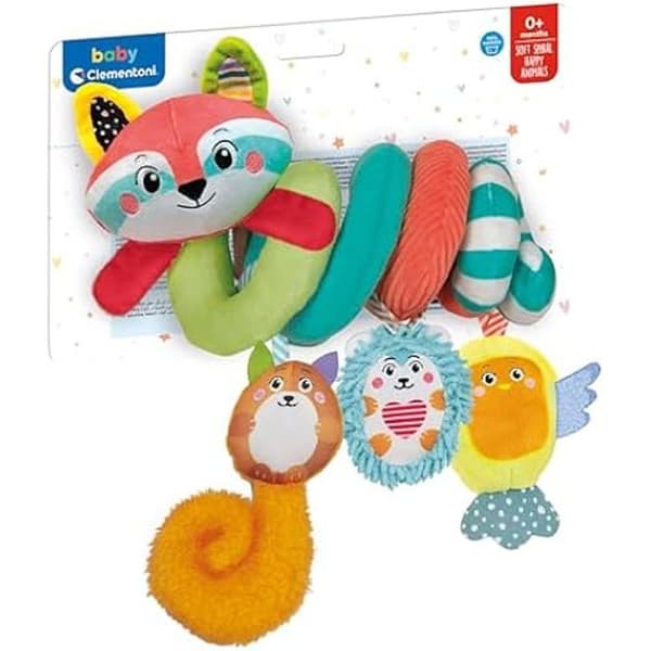 Clementoni- Baby for You – Soft Happy Animals Baby Age – Första aktivitetsleksaken – spiralvagnsplysch, maskintvättbar,