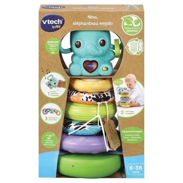 VTECH BABY - Lekgrön - Nino, 3-i-1 Stapelbar Elefant (Biologisk Plast)
