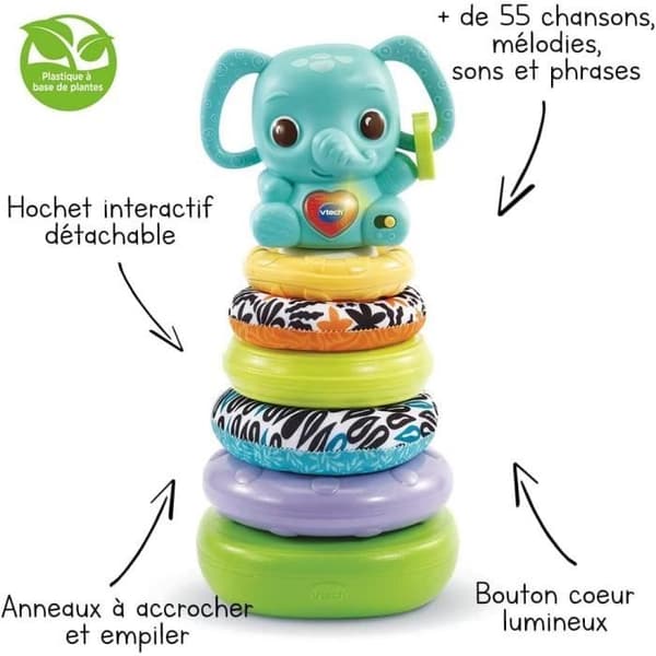 VTECH BABY - Lekgrön - Nino, 3-i-1 Stapelbar Elefant (Biologisk Plast)