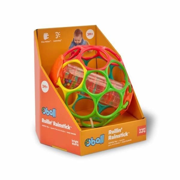 BRIGHT STARS Oball Easy-Grip Rain Stick BPA-fri spädbarnsleksak, röd, gul, grön och blå, för nyfödda