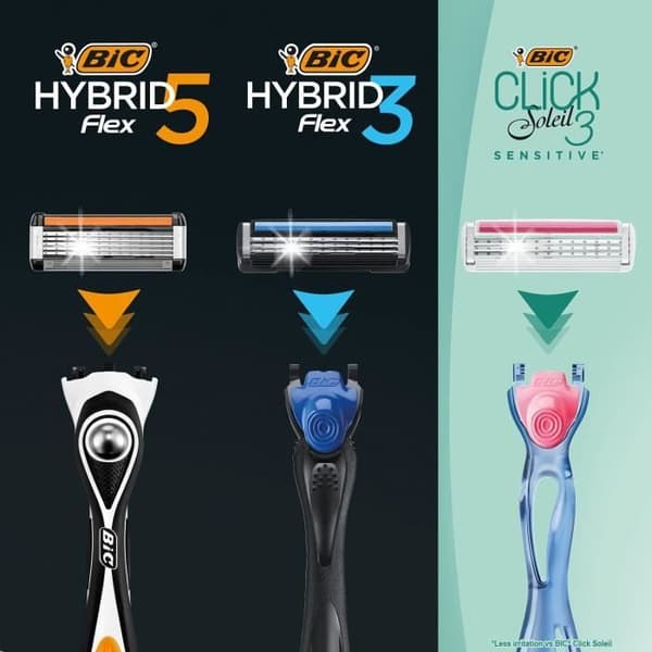 BIC Hybrid 5 Flex uppladdningsbar rakhyvel för män, 1 vikthandtag, 10 påfyllningar 5 nanoteknologiblad, precisionsblad - paket med 1+10