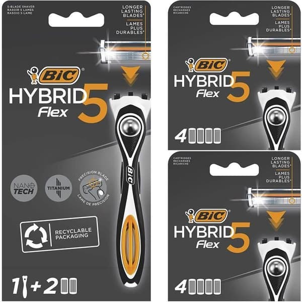 BIC Hybrid 5 Flex uppladdningsbar rakhyvel för män, 1 vikthandtag, 10 påfyllningar 5 nanoteknologiblad, precisionsblad - paket med 1+10