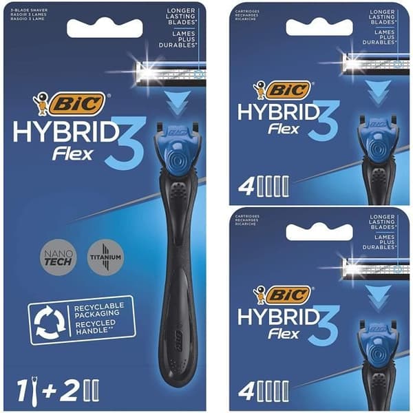 BIC Hybrid 3 Flex uppladdningsbar rakhyvel för män, 90 % återvunnet plasthandtag, 10 3-blads påfyllningar, smörjremsa - paket med 1+10