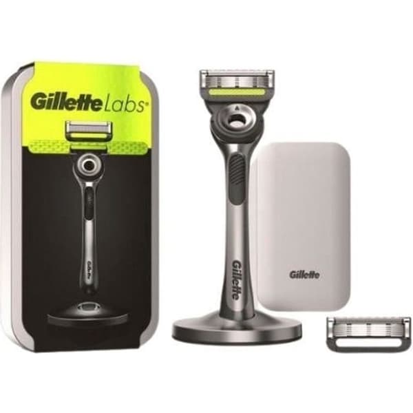GILLETTE Exfoliating Labs rakhyvel för män med handtag + 2 påfyllningar + bas + resefodral