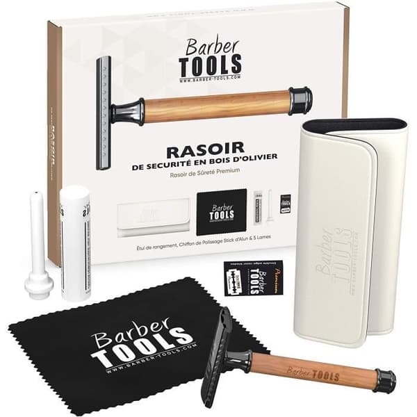 Säkerhetshyvel/Säkerhetsrakhyvel + 5 dubbla blad + alunstick + polerduk + förvaringsfodral