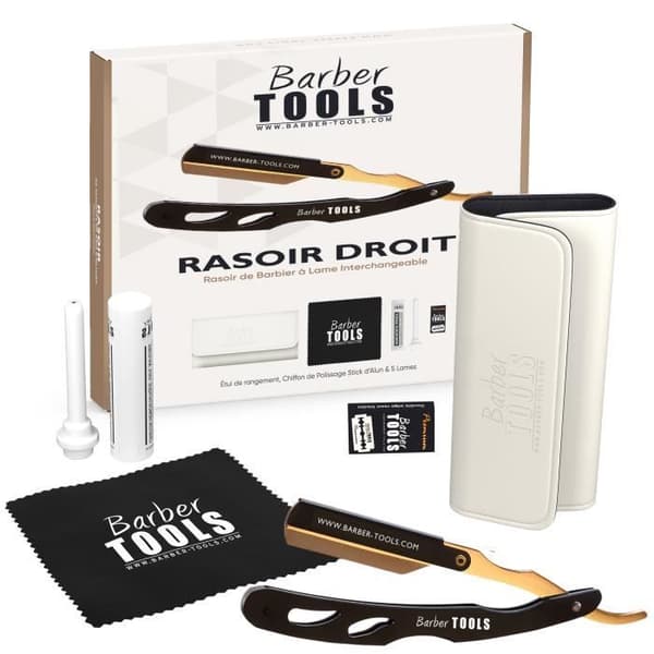 Traditionell skäggrakhyvel/barberrakhyvel utbytbart blad + låda med 5 dubbla blad + alunpinne + förvaringsväska