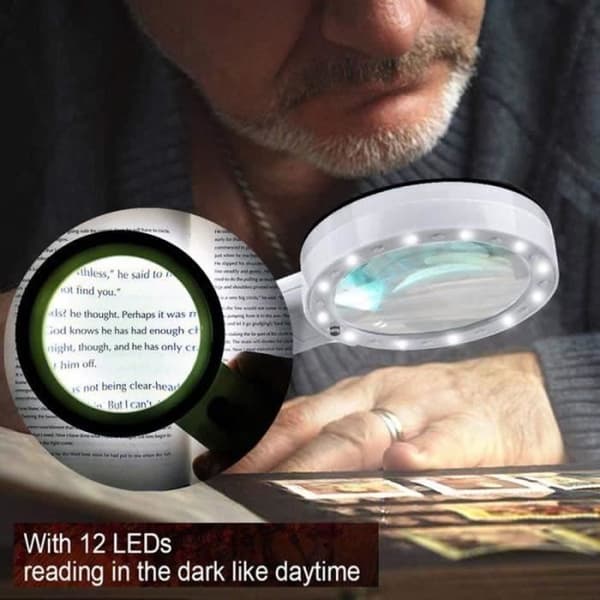 LÄSGLASÖGON - FÖRSTORINGSGLASÖGON 30X Förstoringsglas med 12 LED-lampor 105mm Upplyst Dubbelglas Lins Förstoringsglas