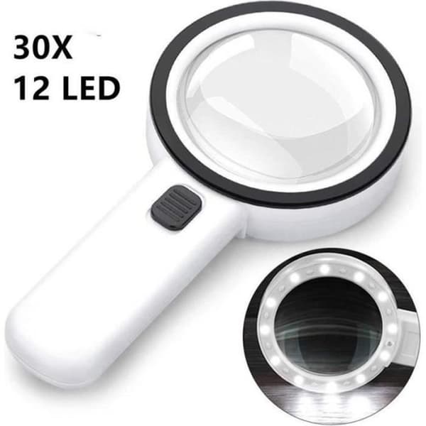 LÄSGLASÖGON - FÖRSTORINGSGLASÖGON 30X Förstoringsglas med 12 LED-lampor 105mm Upplyst Dubbelglas Lins Förstoringsglas