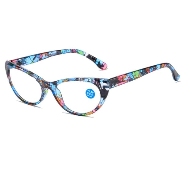 Cat Eye Blått blommönster Läsglasögon Blå Ljusblockerande Damläsare Spring Gångjärn Presbyopia Glasögon +2,50 för kvinnor
