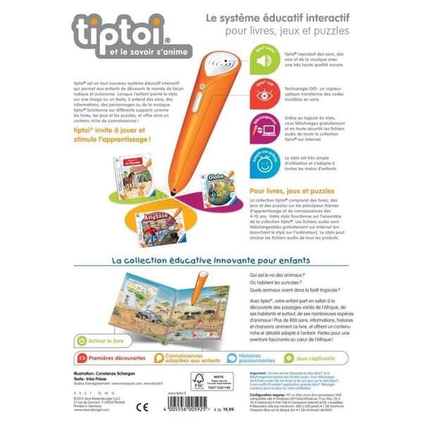tiptoi® - Jag upptäcker Afrikas djur - Ravensburger - Pedagogisk elektronisk bok - Från 4 år - på franska