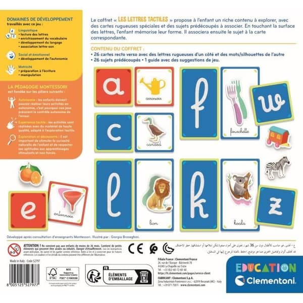 Montessori - Clementoni - Taktila bokstäver - Pedagogiskt spel för att lära dig alfabetet - 26 grova bokstavskort - från 3 år och uppåt