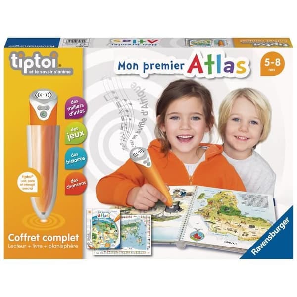 Ravensburger - Komplett set tiptoi interaktiv läsare + bok på franska Min första atlas - Från 5 år