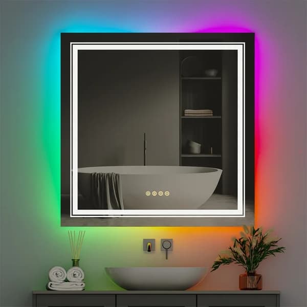 Badeværelse LED Makeup Spejl, RGB Farveskiftende, Splintresistent & Anti-Dug, 32x32 tommer