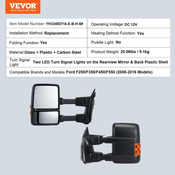 VEVOR Vetokoukkupeilit, Lämmitettävä Huurtumisenpoistotoiminto, LED Suuntavalot,2008-2016