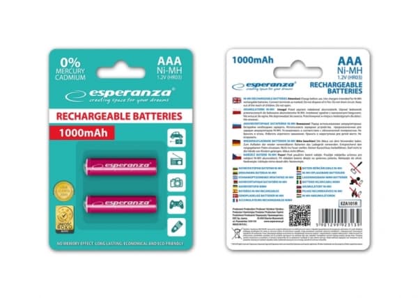 Esperanza EZA101R, Oppladbart batteri, AAA, Nikkelmetallhydrid (NiMH), 1,2 V, 2 stykker, 1000 mAh