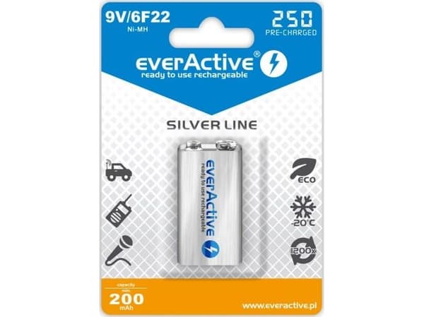 Everactive EVHRL22-250, Oppladbart batteri, 9V, Nikkelmetallhydrid (NiMH), 9 V, 1 stykker, 250 mAh
