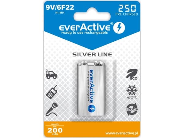 Everactive EVHRL22-250, Oppladbart batteri, 9V, Nikkelmetallhydrid (NiMH), 9 V, 1 stykker, 250 mAh