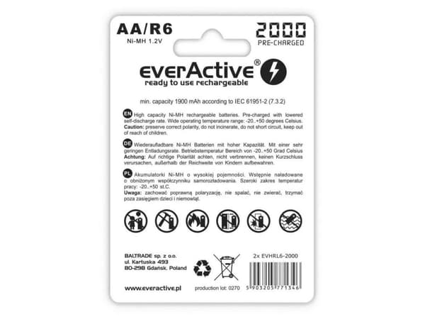 Everactive EVHRL6-2000, Oppladbart batteri, AA, Nikkelmetallhydrid (NiMH), 1,2 V, 2 stykker, 2000 mAh
