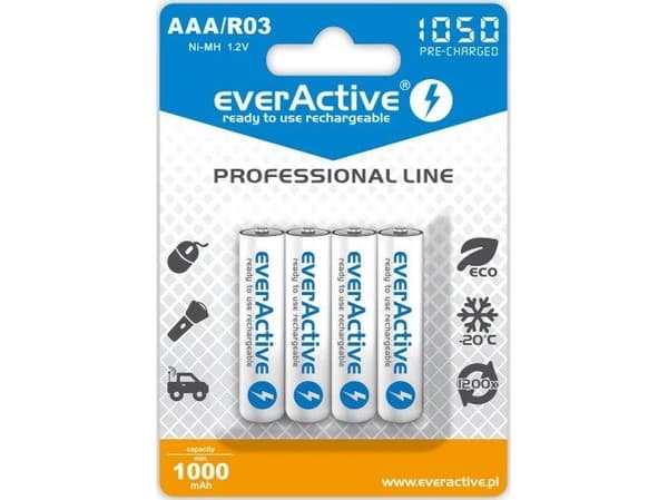 Everactive EVHRL03-1050, Oppladbart batteri, AAA, Nikkelmetallhydrid (NiMH), 1,2 V, 4 stykker, 1050 mAh