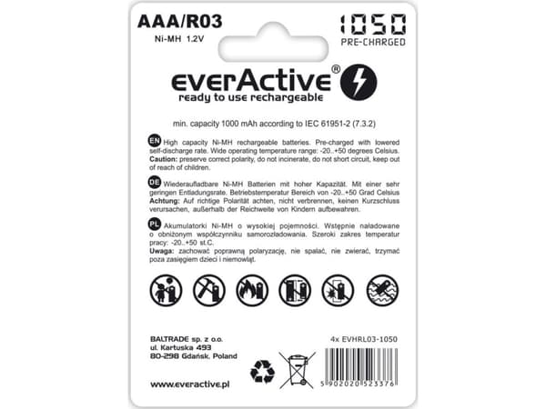 Everactive EVHRL03-1050, Oppladbart batteri, AAA, Nikkelmetallhydrid (NiMH), 1,2 V, 4 stykker, 1050 mAh