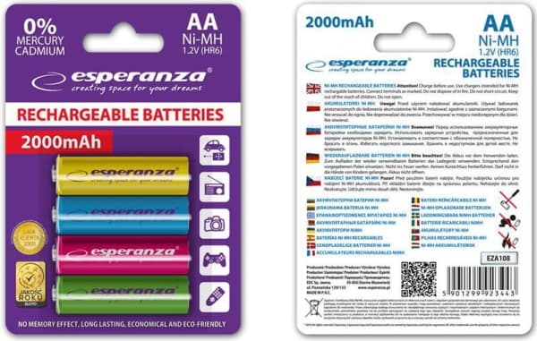 Esperanza EZA108 - Batteri 4 x AA / HR6 - NiMH - (ladbare) - 2000 mAh - assortert