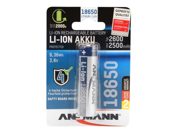 Ansmann Li-Ion Akku 18650, Ladattava akku, Litiumioni (Li-Ion), 3,6 V, 2600 mAh, 9,36 Wh, Hopea