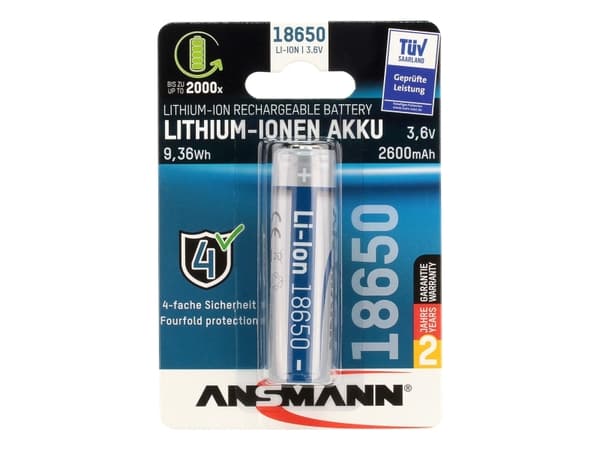 Ansmann Li-Ion Akku 18650, Ladattava akku, Litiumioni (Li-Ion), 3,6 V, 2600 mAh, 9,36 Wh, Hopea