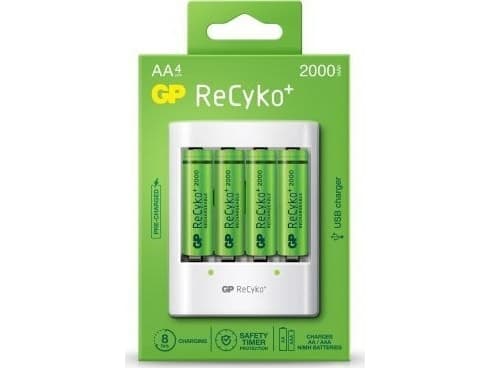 GP-batterier ReCyko+ 4 x AA oppladbare batterier 2000 mAh + lader
