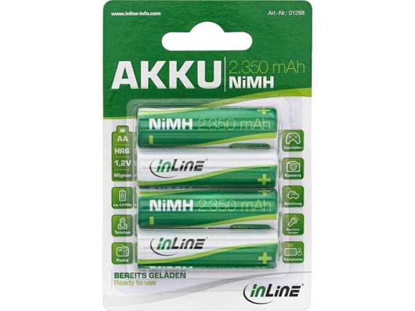 InLine 01288, Laddningsbart batteri, AA, Nickel-metallhydrid (NiMH), 1,2 V, 4 styck, 2350 mAh