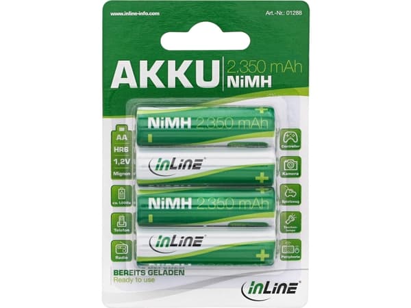 InLine 01288, Laddningsbart batteri, AA, Nickel-metallhydrid (NiMH), 1,2 V, 4 styck, 2350 mAh
