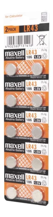 Maxell LR43 1,5 V alkalisk batteri, 10-pakning