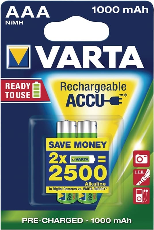 Varta Ladattava Ni-MH-Akku AAA | 1.2 V DC | 1000 mAh | Esiladattu | 2-Blister-kortti