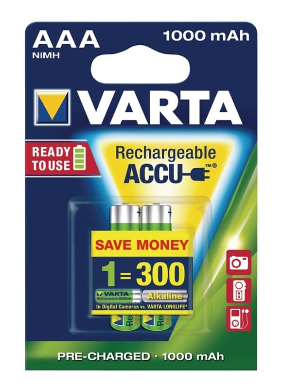 Varta Ladattava Ni-MH-Akku AAA | 1.2 V DC | 1000 mAh | Esiladattu | 2-Blister-kortti