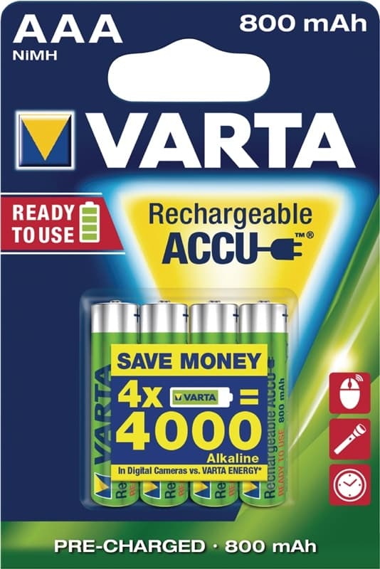 Varta Ladattava Ni-MH-Akku AAA | 1.2 V DC | 800 mAh | Esiladattu | 4-Blister-kortti