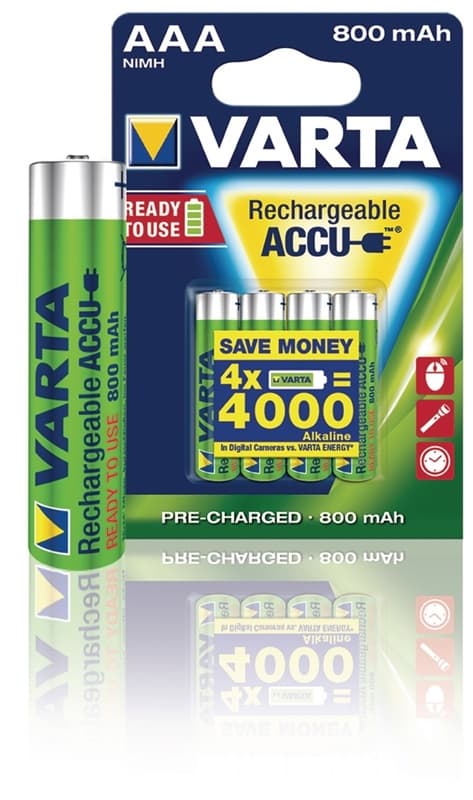 Varta Ladattava Ni-MH-Akku AAA | 1.2 V DC | 800 mAh | Esiladattu | 4-Blister-kortti