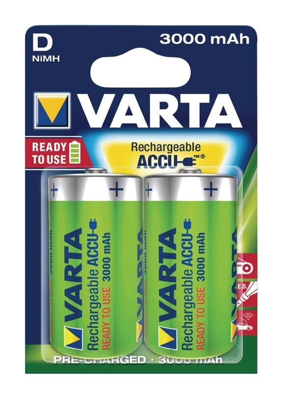 Varta Ladattava Ni-MH-Akku D | 1.2 V DC | 3000 mAh | Esiladattu | 2 - Läpipainopakkaus | HR20 | Keltainen / Vihreä