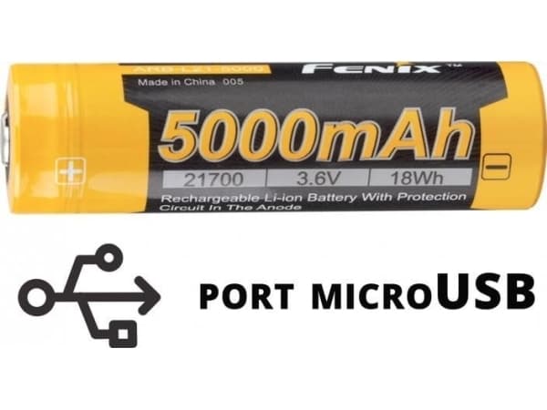 Fenix ARB-L21-5000U, Oppladbart batteri, Lithium-Ion (Li-Ion), 3,6 V, 5000 mAh, Overlading, Overutlading, Kortslutning, Sort, Gult