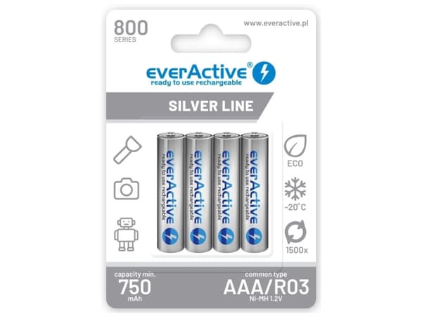 Everactive EVHRL03-800, Oppladbart batteri, AAA, Nikkelmetallhydrid (NiMH), 1,2 V, 4 stykker, 800 mAh