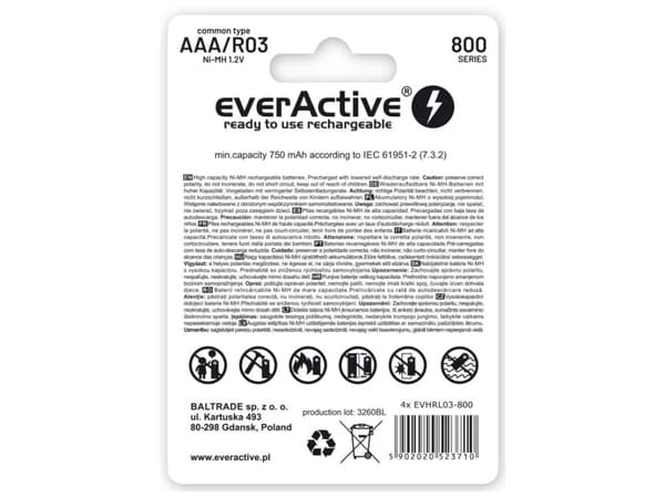 Everactive EVHRL03-800, Oppladbart batteri, AAA, Nikkelmetallhydrid (NiMH), 1,2 V, 4 stykker, 800 mAh