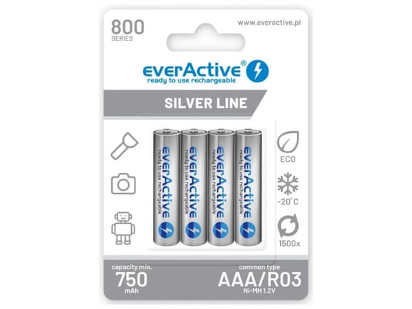 Everactive EVHRL03-800, Oppladbart batteri, AAA, Nikkelmetallhydrid (NiMH), 1,2 V, 4 stykker, 800 mAh