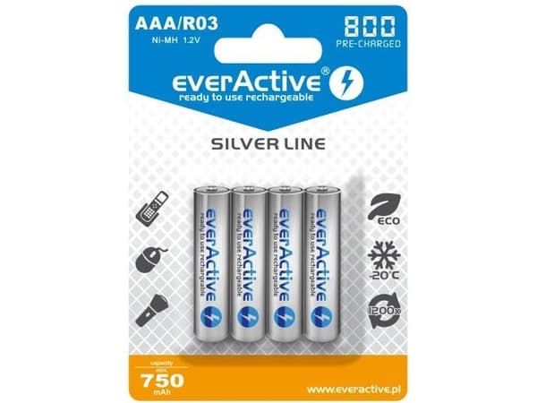 Everactive EVHRL03-800, Oppladbart batteri, AAA, Nikkelmetallhydrid (NiMH), 1,2 V, 4 stykker, 800 mAh