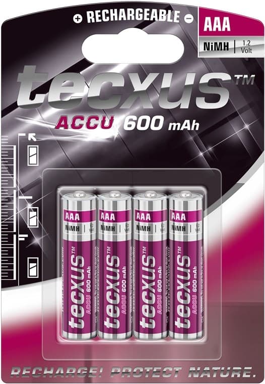 tecxus AAA (Micro)/HR03 genopladeligt batteri - 600 mAh, 4 stk. blister Nikkel-metalhydrid batteri (NiMH), 1,2 V